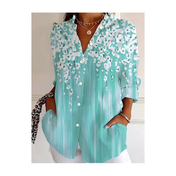 Women Floral Shirt Collar Long Sleeve Shirt Buckle Regular Sleeve Casual Daily Spring/Fall Top