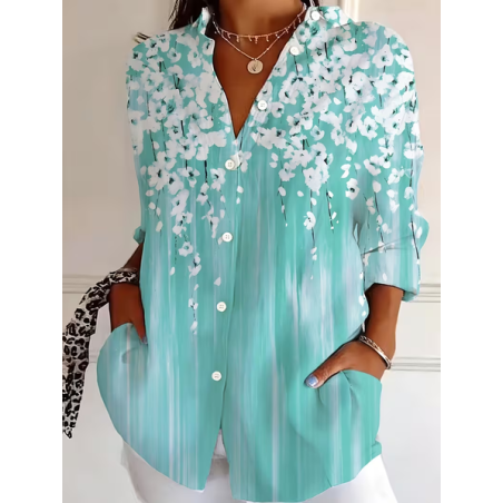 Women Floral Shirt Collar Long Sleeve Shirt Buckle Regular Sleeve Casual Daily Spring/Fall Top