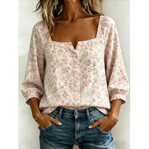 Women Floral Square Neck Three Quarter Sleeve Blouse Printing Vintage Daily Spring/Fall Top