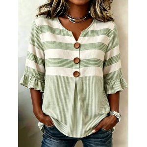 Women Striped V Neck Half Sleeve Blouse Printing Vintage Daily Summer Top