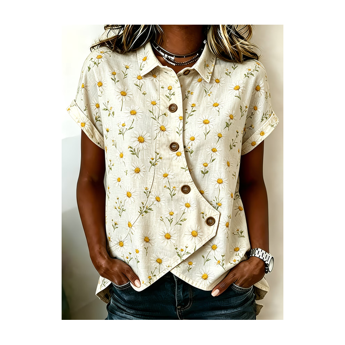 Women Floral Shawl Collar Short Sleeve Shirt Printing Vintage Daily Summer Top