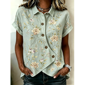 Women Floral Shawl Collar Short Sleeve Shirt Printing Vintage Daily Summer Top
