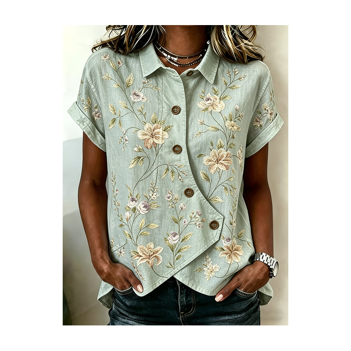 Women Floral Shawl Collar Short Sleeve Shirt Printing Vintage Daily Summer Top