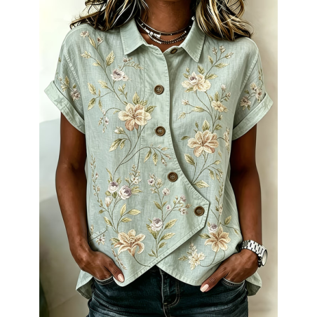 Women Floral Shawl Collar Short Sleeve Shirt Printing Vintage Daily Summer Top