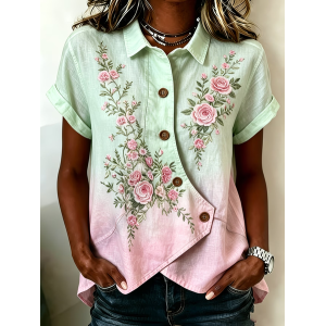 Women Floral Shawl Collar Short Sleeve Shirt Printing Vintage Daily Summer Top