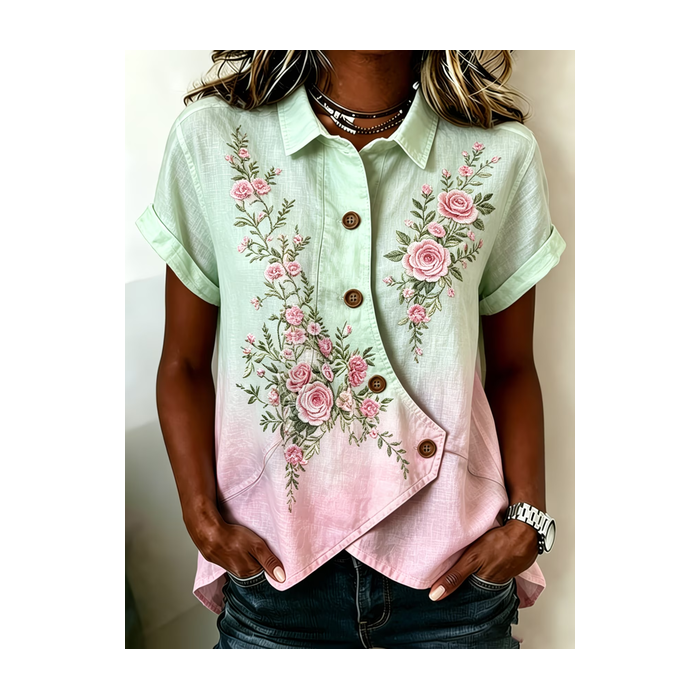 Women Floral Shawl Collar Short Sleeve Shirt Printing Vintage Daily Summer Top