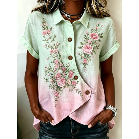 Women Floral Shawl Collar Short Sleeve Shirt Printing Vintage Daily Summer Top