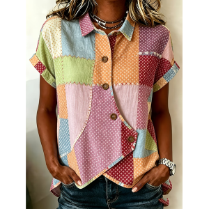 Women Abstract Shawl Collar Short Sleeve Shirt Printing Vintage Daily Summer Top