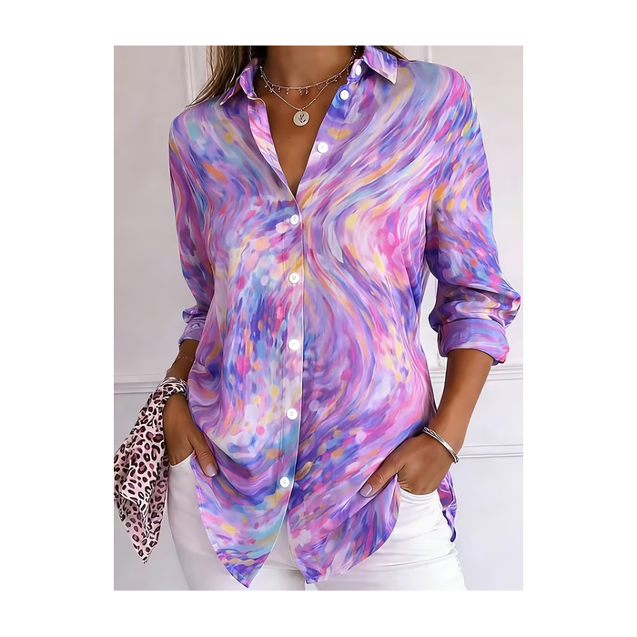 Women Abstract Shirt Collar Long Sleeve Shirt Buckle Regular Sleeve Casual Daily Spring/Fall Top