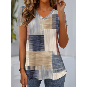 Women Abstract Short Sleeve Tee T-shirt V Neck Printing Vintage Summer Top