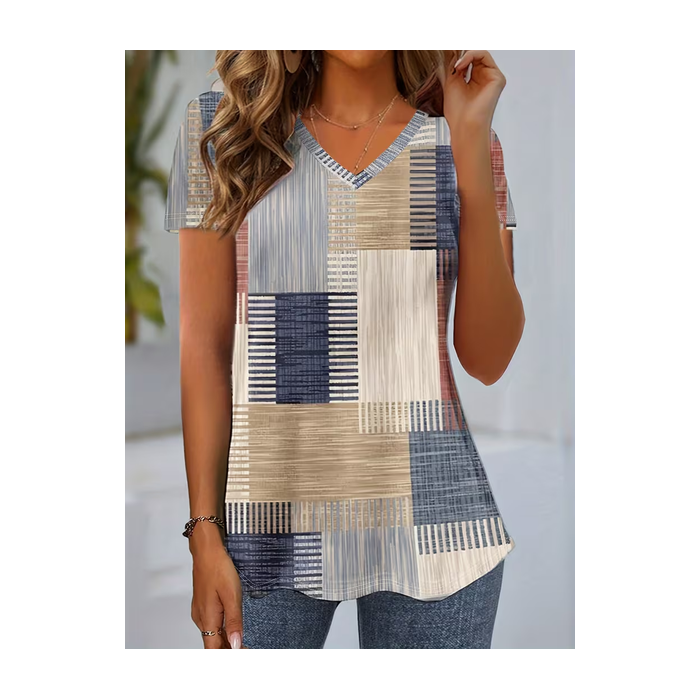 Women Abstract Short Sleeve Tee T-shirt V Neck Printing Vintage Summer Top
