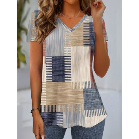 Women Abstract Short Sleeve Tee T-shirt V Neck Printing Vintage Summer Top