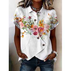 Women Floral Shawl Collar Short Sleeve Shirt Printing Vintage Daily Summer Top