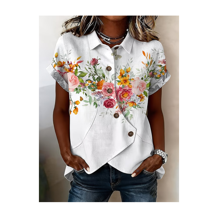 Women Floral Shawl Collar Short Sleeve Shirt Printing Vintage Daily Summer Top
