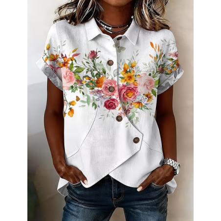 Women Floral Shawl Collar Short Sleeve Shirt Printing Vintage Daily Summer Top