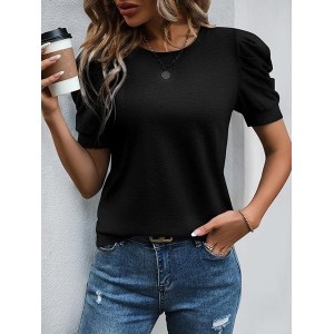 Women Plain Short Sleeve Tee T-shirt Crew Neck Vintage Summer Top
