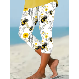 Women Floral Capris Elastic Waist Pants Casual Summer Trousers