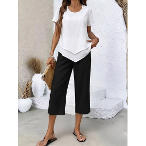 Women Plain Printing Two-Piece Set Daily Short Sleeve Casual Summer Top With Pants Matching Set