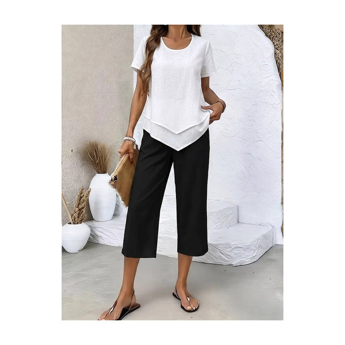 Women Plain Printing Two-Piece Set Daily Short Sleeve Casual Summer Top With Pants Matching Set