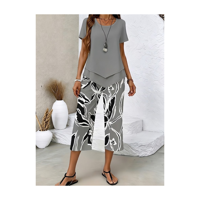 Women Abstract Printing Two-Piece Set Daily Short Sleeve Casual Summer Top With Pants Matching Set