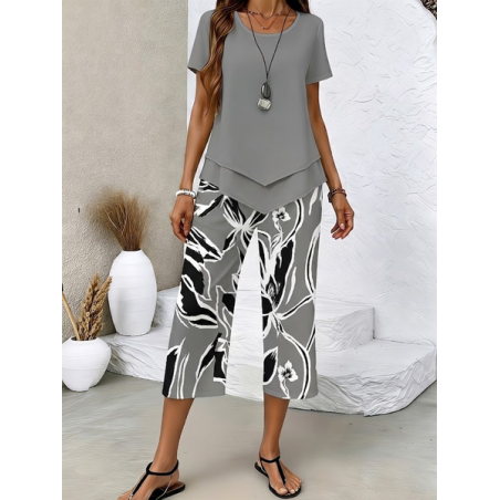 Women Abstract Printing Two-Piece Set Daily Short Sleeve Casual Summer Top With Pants Matching Set