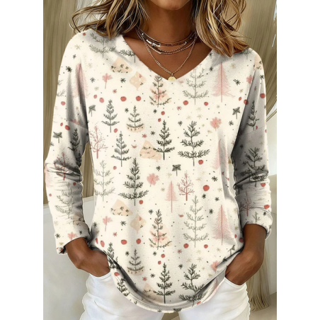 Women Christmas Long Sleeve Tee T-shirt V Neck Printing Casual Spring/Fall Graphic Tee Top
