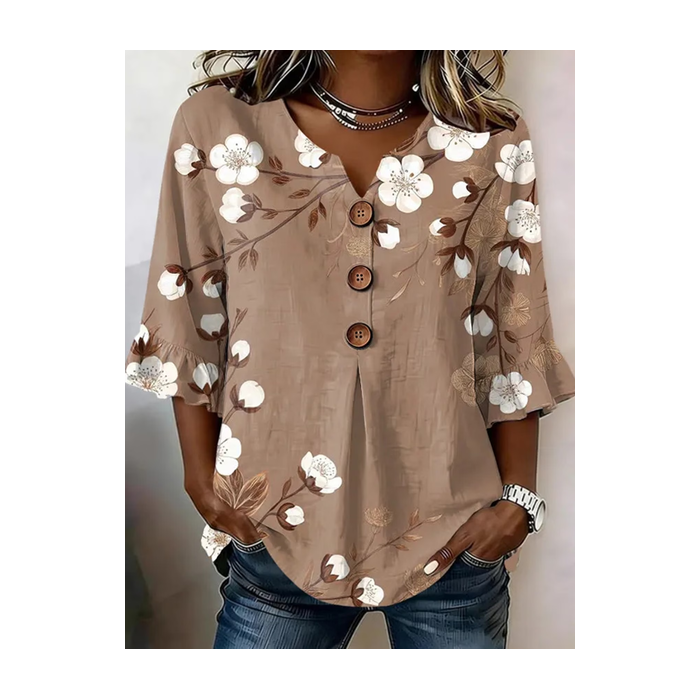 Women Floral V Neck Half Sleeve Blouse Printing Vintage Daily Summer Top