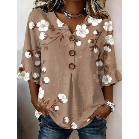 Women Floral V Neck Half Sleeve Blouse Printing Vintage Daily Summer Top