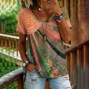 Women Geometric Short Sleeve Tee T-shirt V Neck Vintage Summer Top