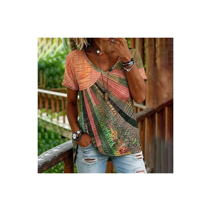 Women Geometric Short Sleeve Tee T-shirt V Neck Vintage Summer Top