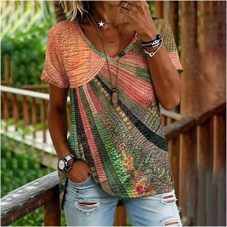Women Geometric Short Sleeve Tee T-shirt V Neck Vintage Summer Top