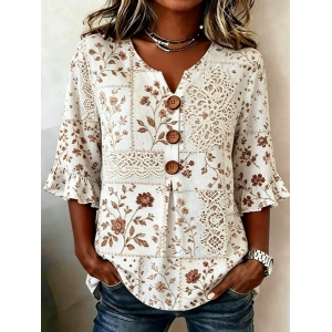 Women Floral V Neck Half Sleeve Blouse Printing Vintage Daily Summer Top