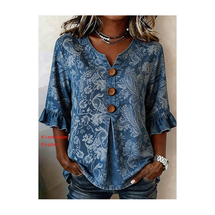 Women Floral V Neck Half Sleeve Blouse Printing Vintage Daily Summer Top