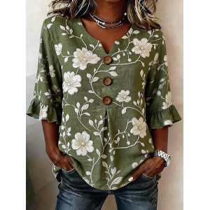 Women Floral V Neck Half Sleeve Blouse Printing Vintage Daily Summer Top