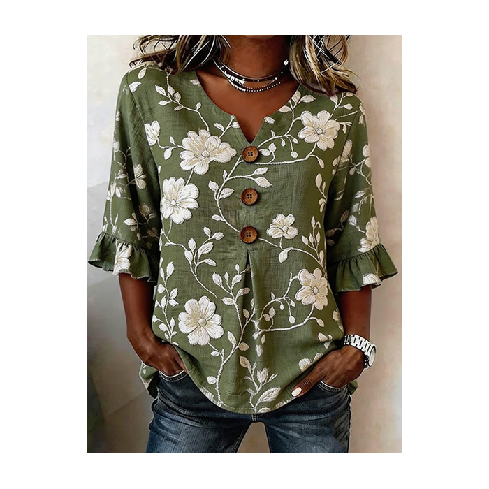 Women Floral V Neck Half Sleeve Blouse Printing Vintage Daily Summer Top