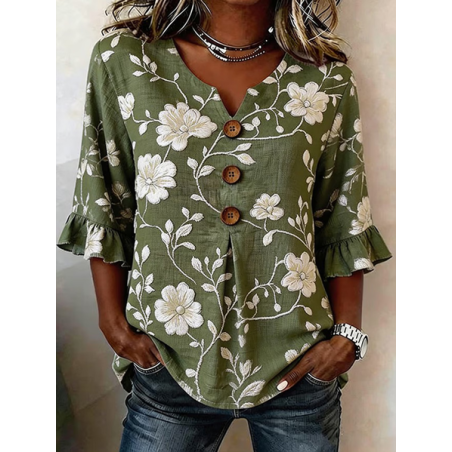 Women Floral V Neck Half Sleeve Blouse Printing Vintage Daily Summer Top