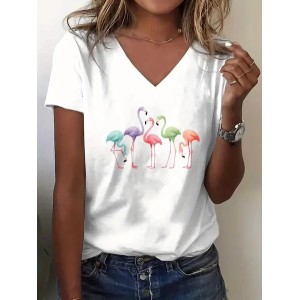Women Flamingo Short Sleeve Tee T-shirt V Neck Printing Vintage Summer Top