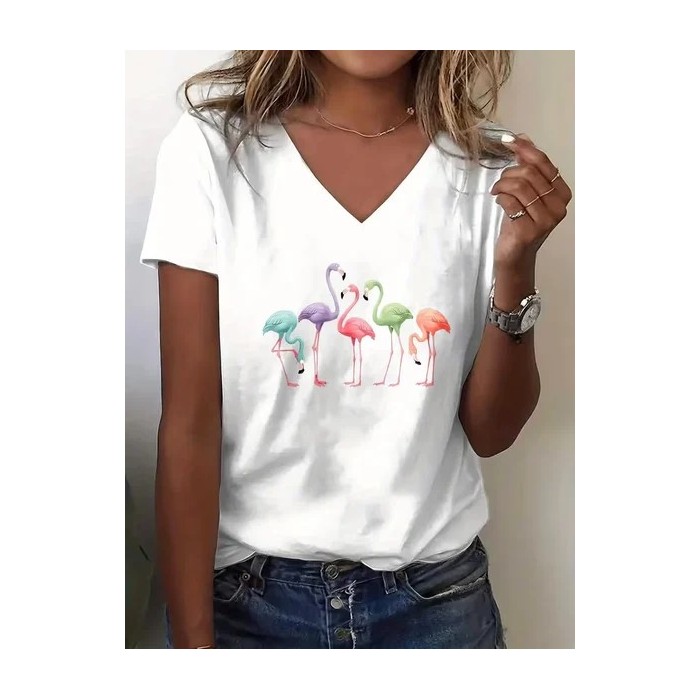 Women Flamingo Short Sleeve Tee T-shirt V Neck Printing Vintage Summer Top