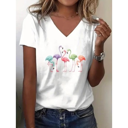 Women Flamingo Short Sleeve Tee T-shirt V Neck Printing Vintage Summer Top