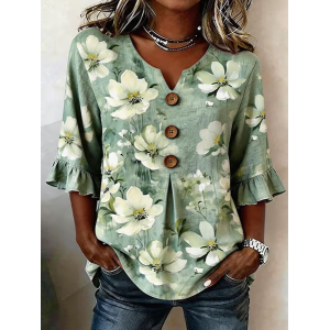 Women Floral V Neck Half Sleeve Blouse Printing Vintage Daily Summer Top