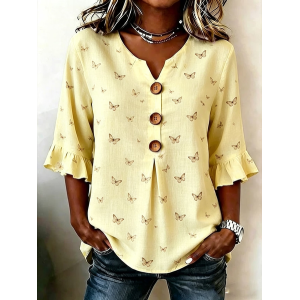 Women Butterfly V Neck Half Sleeve Blouse Printing Vintage Daily Summer Top