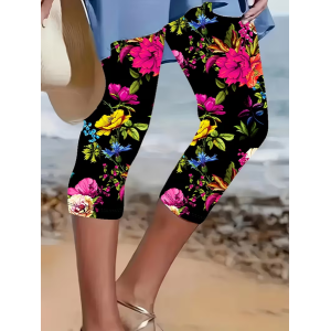 Women Floral Capris Elastic Waist Pants Casual Summer Trousers