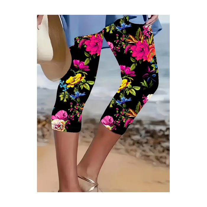 Women Floral Capris Elastic Waist Pants Casual Summer Trousers
