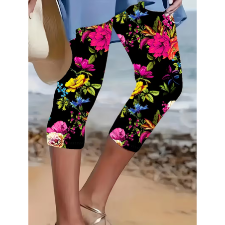 Women Floral Capris Elastic Waist Pants Casual Summer Trousers