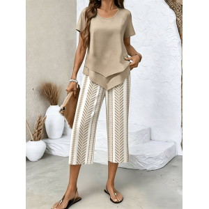 Women Abstract Printing Two-Piece Set Daily Short Sleeve Casual Summer Top With Pants Matching Set