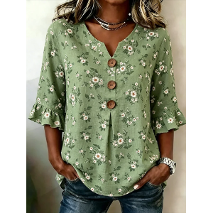 Women Floral V Neck Half Sleeve Blouse Printing Vintage Daily Summer Top
