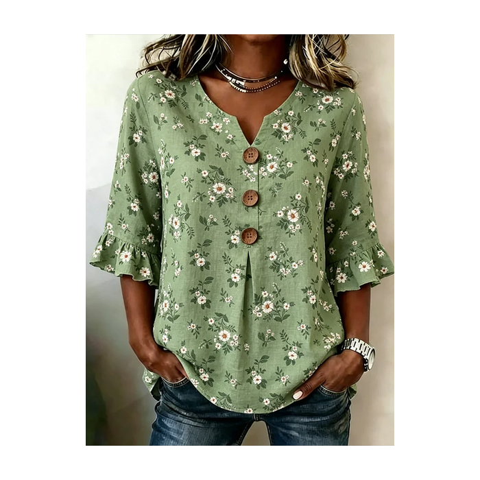 Women Floral V Neck Half Sleeve Blouse Printing Vintage Daily Summer Top
