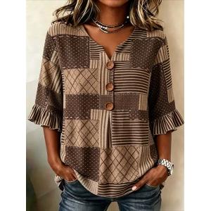 Women Striped V Neck Half Sleeve Blouse Printing Vintage Daily Summer Top