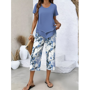 Women Abstract Printing Two-Piece Set Daily Short Sleeve Casual Summer Top With Pants Matching Set