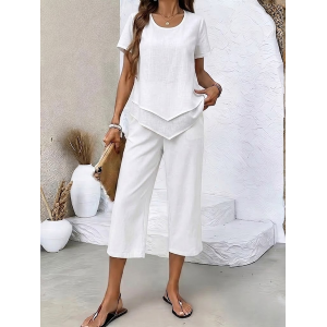 Women Plain Printing Two-Piece Set Daily Short Sleeve Casual Summer Top With Pants Matching Set
